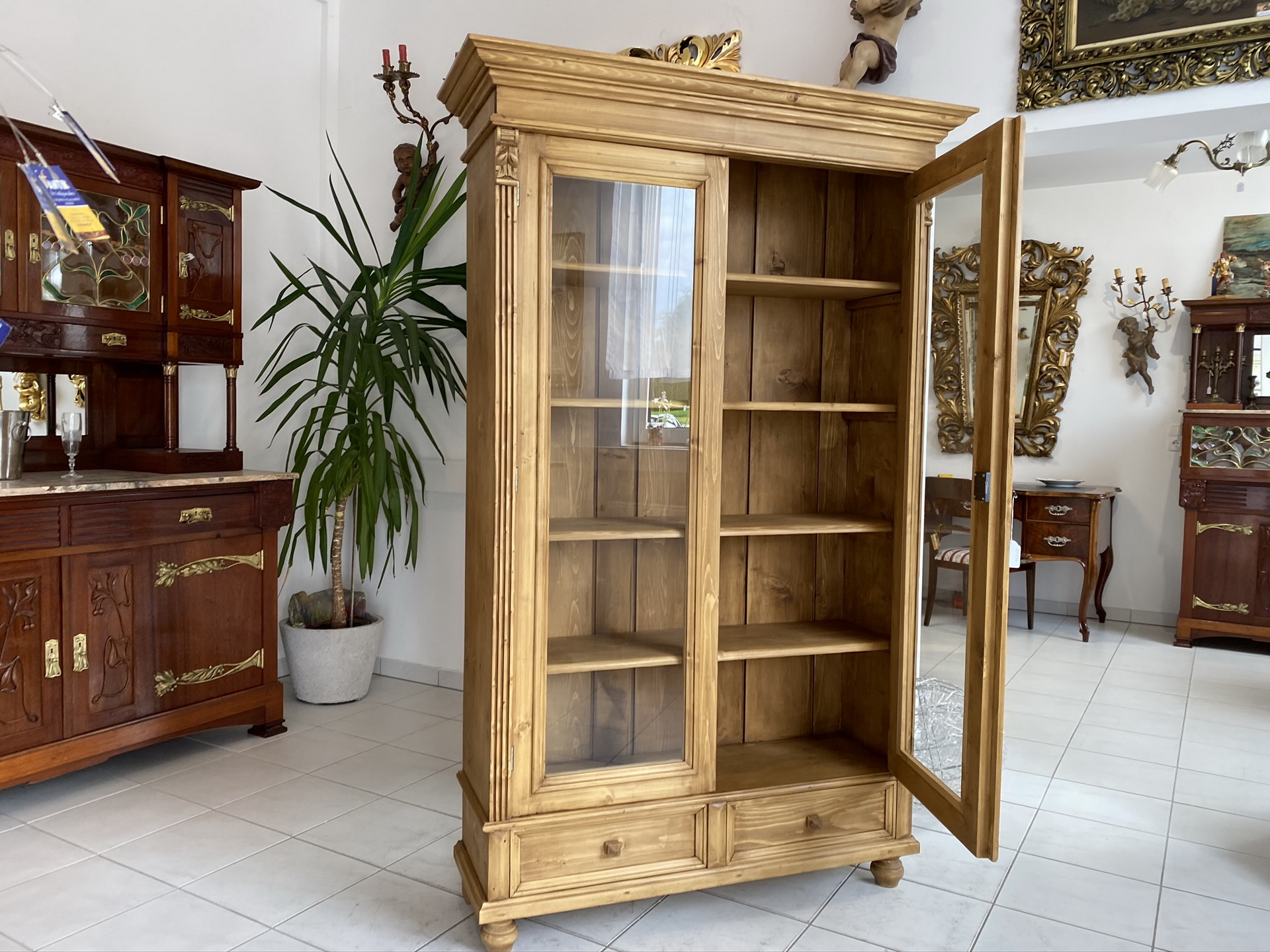 Antike Bauernvitrine Vitrine Naturholz Bücherschrank Bauernschrank Landhausmöbel A4132