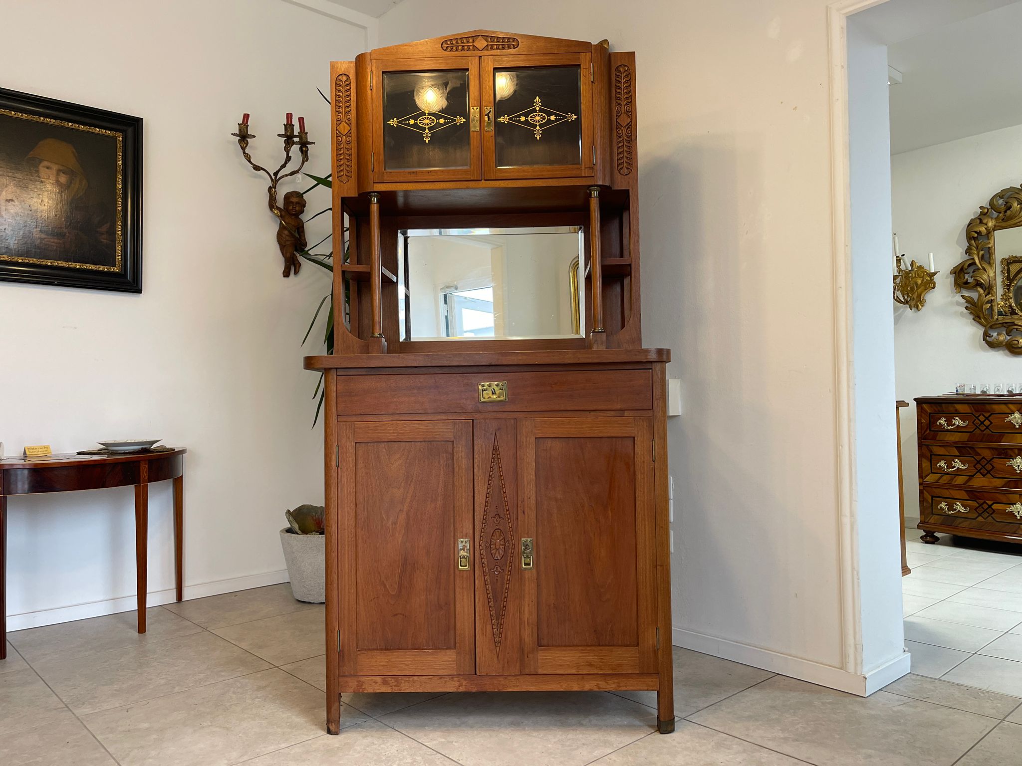 Traum Jugendstil Kredenz Bücherschrank Beschnitzt A5098